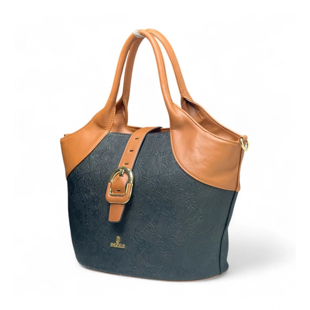 Women's Polyurethane Textured Two-Tone Tote Handbag with Adjustable & Removable Strap (Black-Tan)