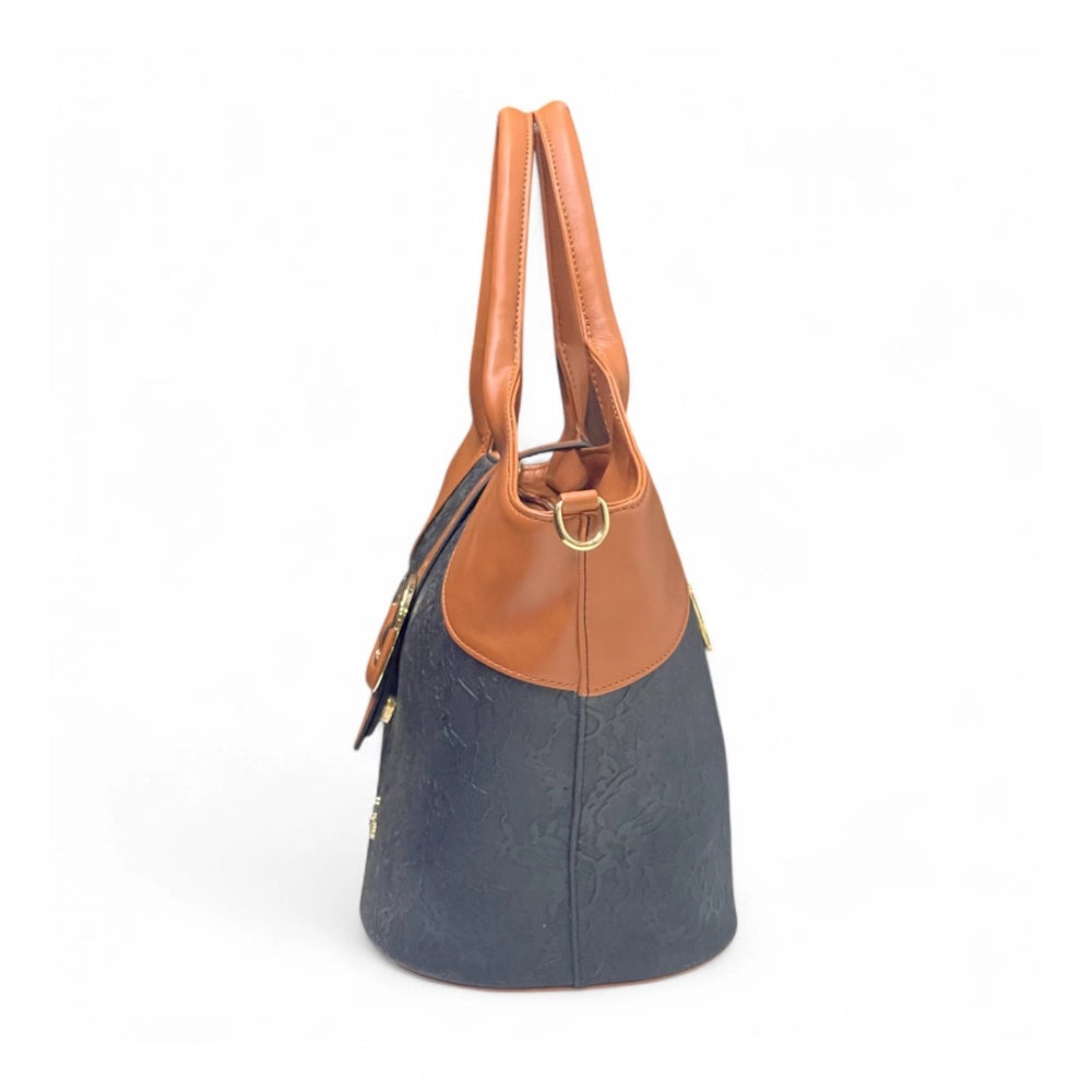 Women's Polyurethane Textured Two-Tone Tote Handbag with Adjustable & Removable Strap (Black-Tan)
