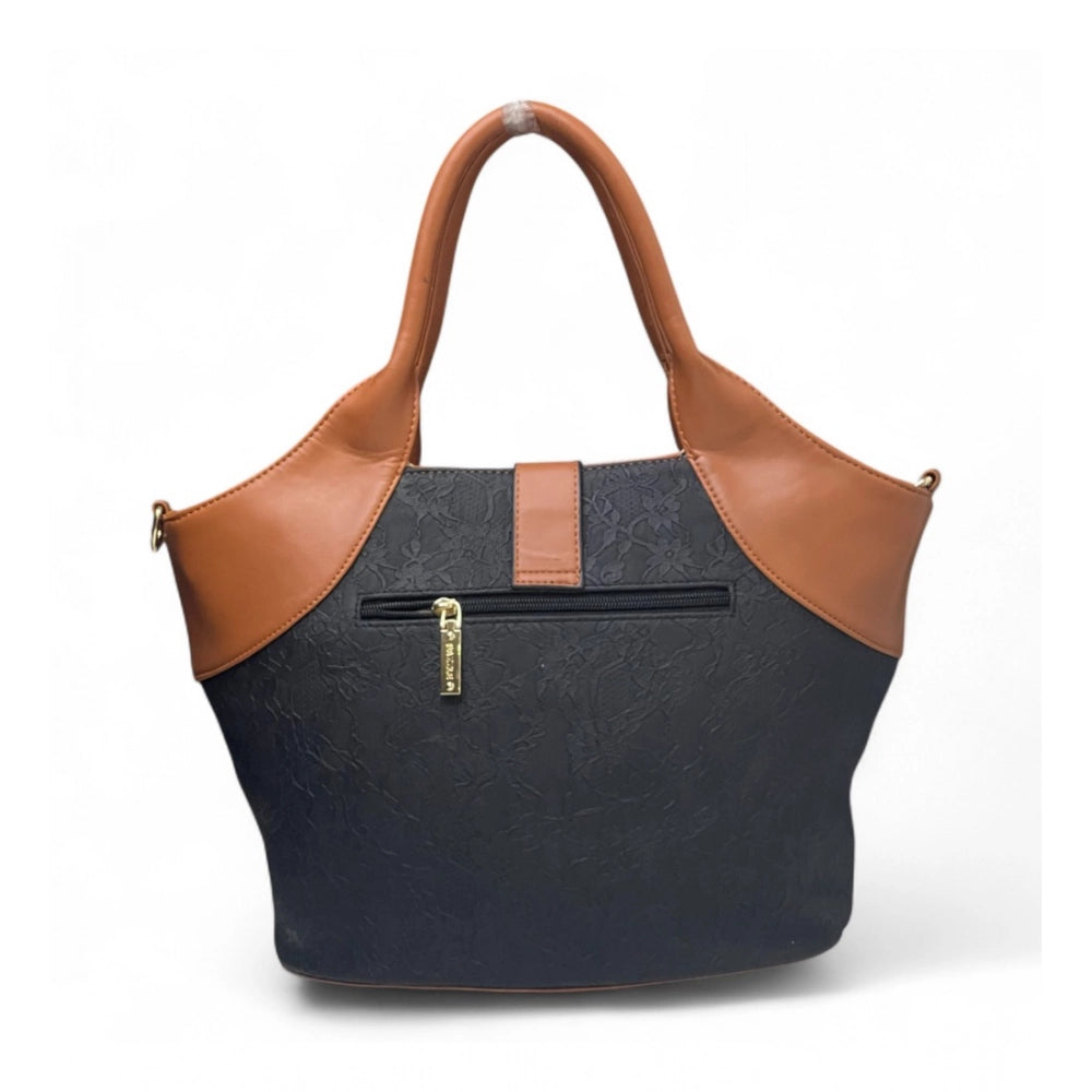 Women's Polyurethane Textured Two-Tone Tote Handbag with Adjustable & Removable Strap (Black-Tan)