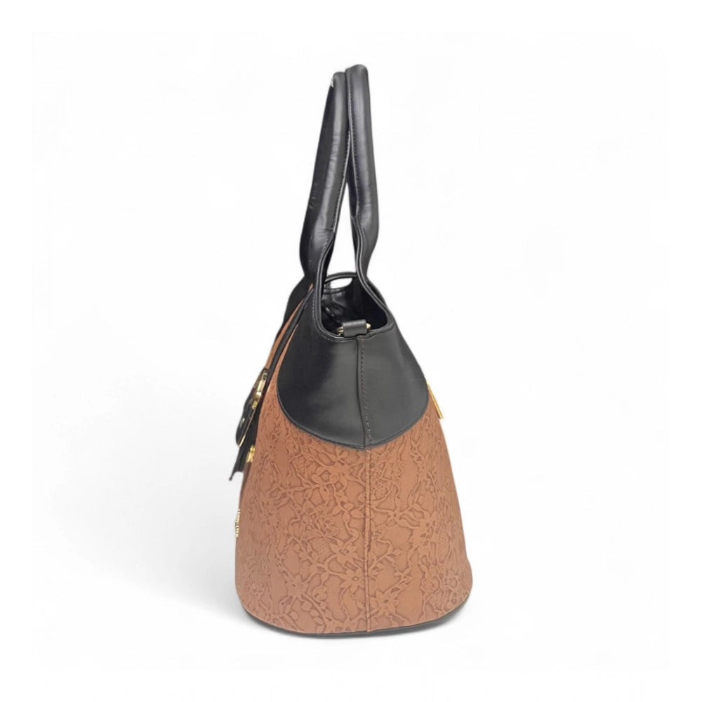 Women's Polyurethane Textured Two-Tone Tote Handbag with Adjustable & Removable Strap (Brown)