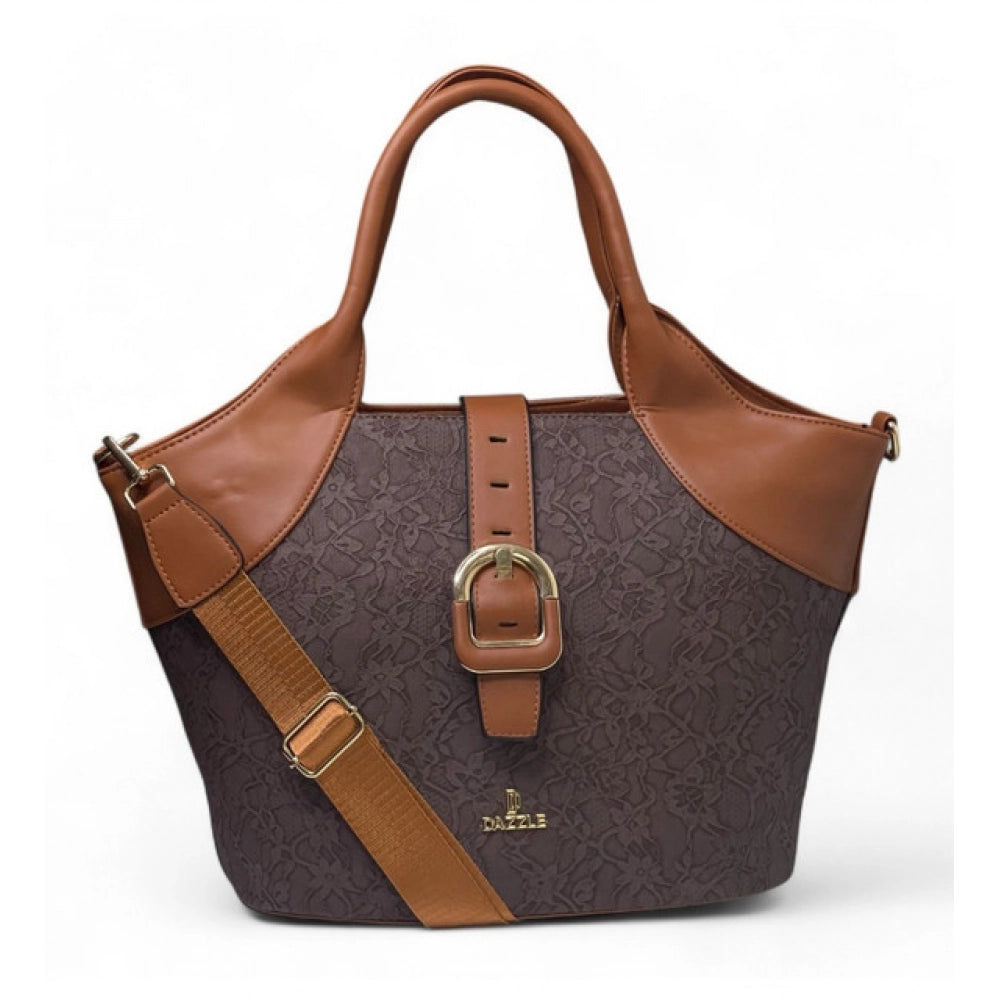 Women's Polyurethane Textured Two-Tone Tote Handbag with Adjustable & Removable Strap (Dark Brown)