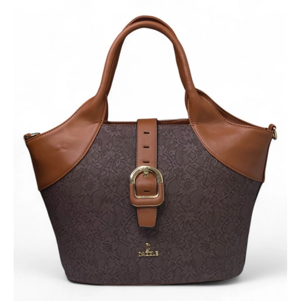 Women's Polyurethane Textured Two-Tone Tote Handbag with Adjustable & Removable Strap (Dark Brown)