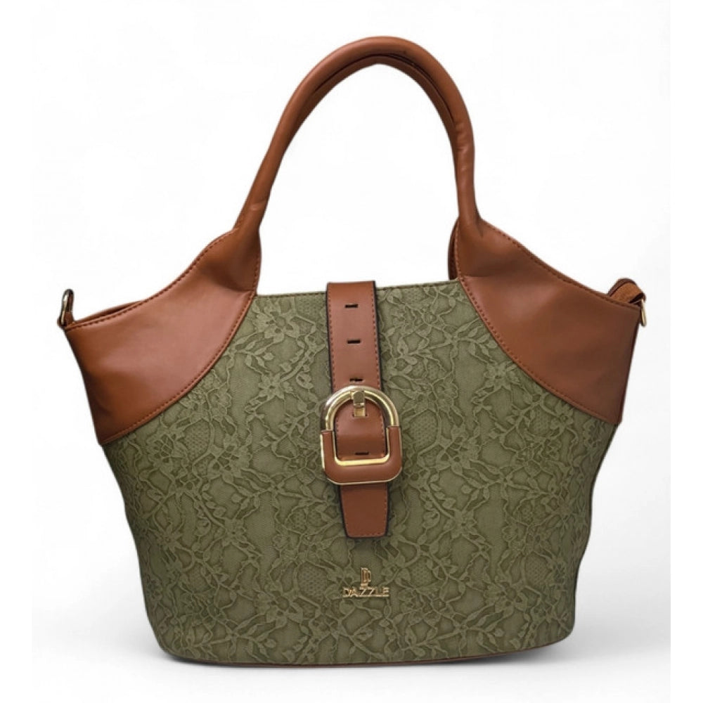 Women's Polyurethane Textured Two-Tone Tote Handbag with Adjustable & Removable Strap (Green)