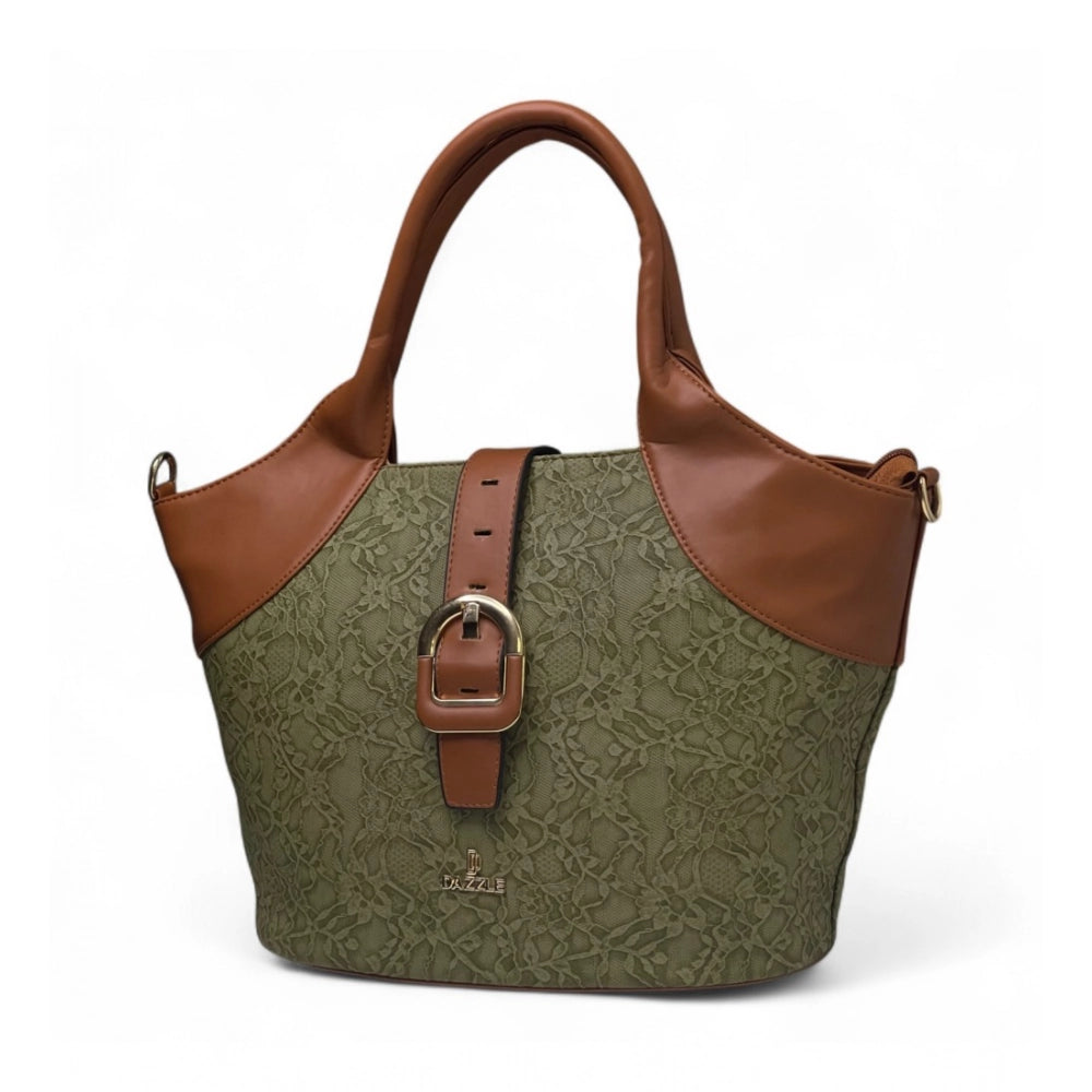 Women's Polyurethane Textured Two-Tone Tote Handbag with Adjustable & Removable Strap (Green)