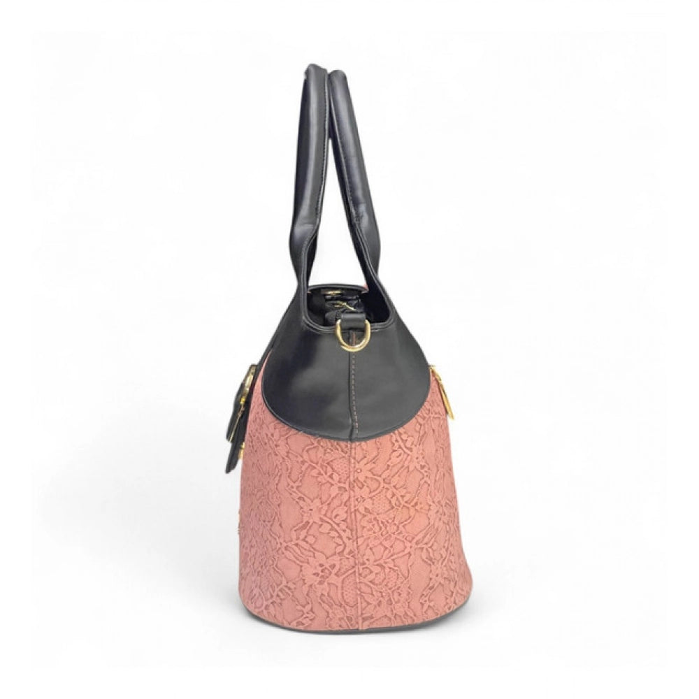 Women's Polyurethane Textured Two-Tone Tote Handbag with Adjustable & Removable Strap (Pink)
