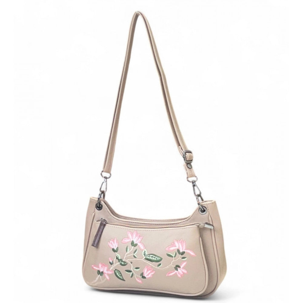 Women's Polyurethane Floral Embroidered Crossbody Sling Bag with Adjustable & Removable Strap (Beige)