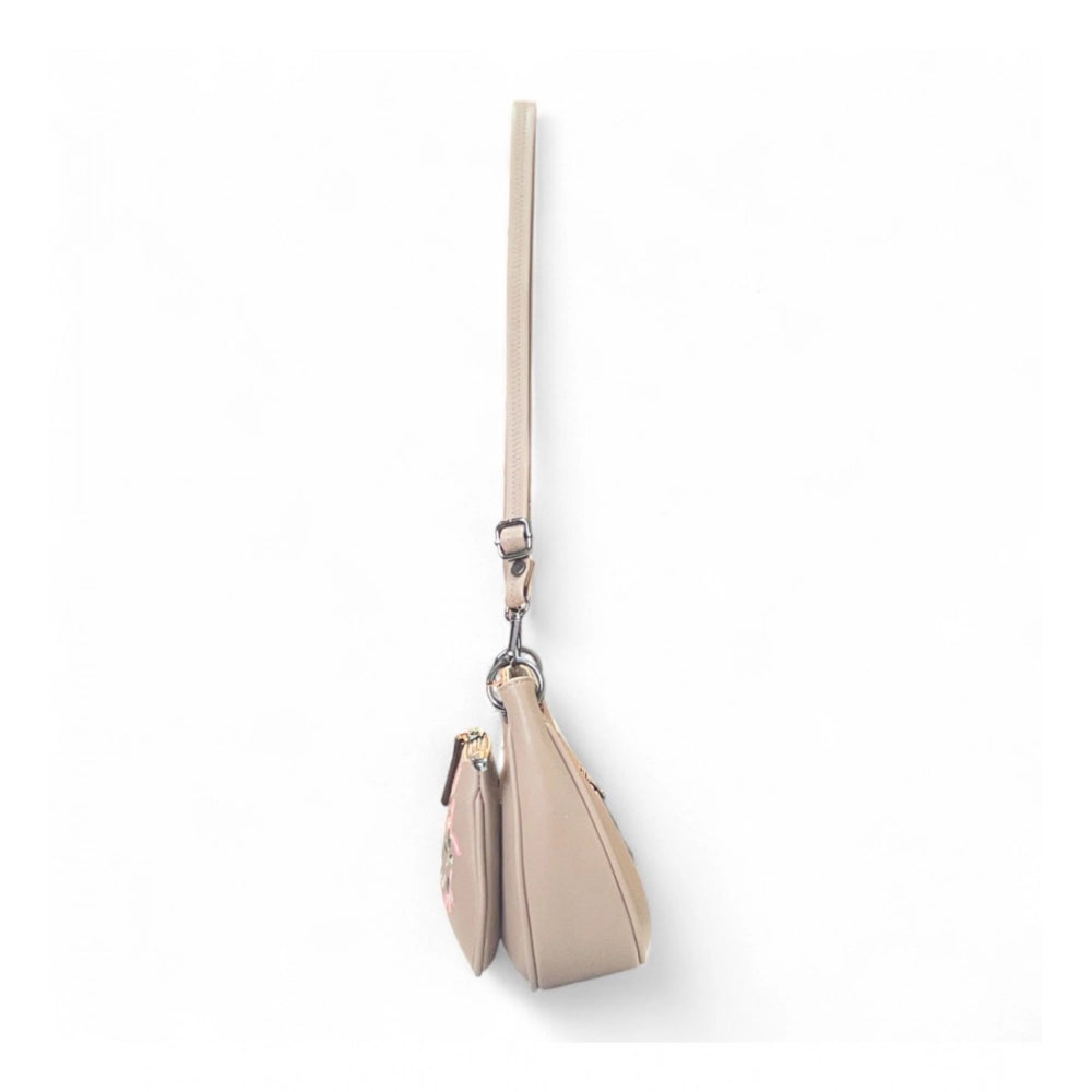 Women's Polyurethane Floral Embroidered Crossbody Sling Bag with Adjustable & Removable Strap (Beige)