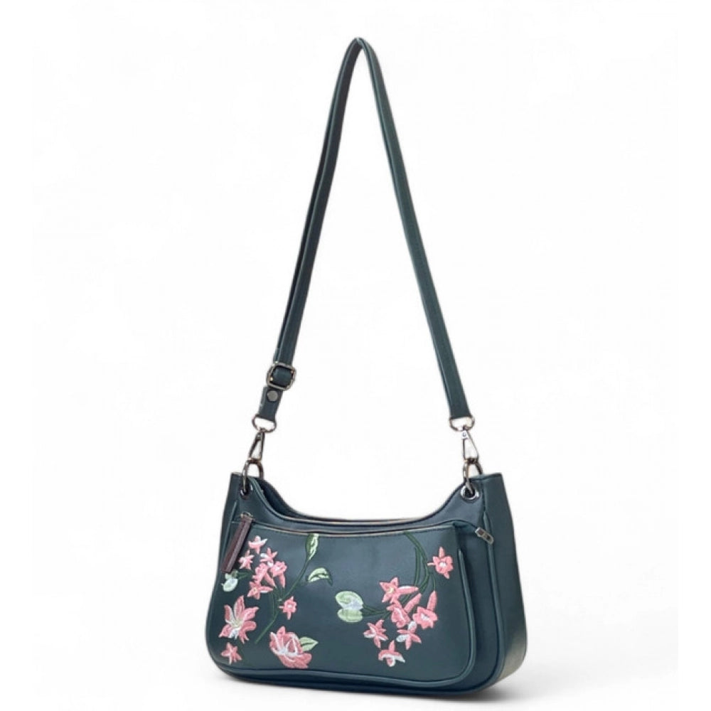 Women's Polyurethane Floral Embroidered Crossbody Sling Bag with Adjustable & Removable Strap (Blue)