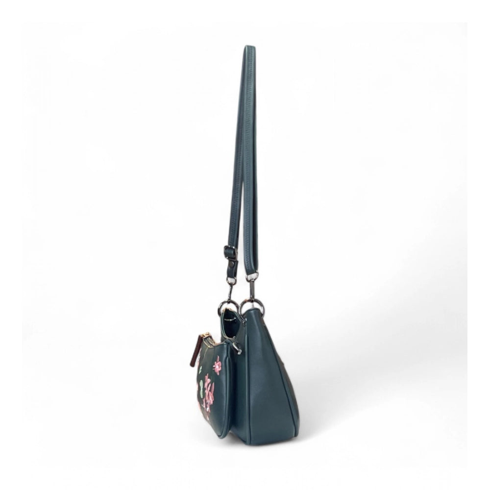 Women's Polyurethane Floral Embroidered Crossbody Sling Bag with Adjustable & Removable Strap (Blue)