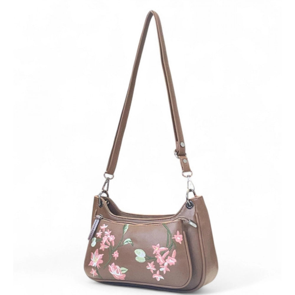 Women's Polyurethane Floral Embroidered Crossbody Sling Bag with Adjustable & Removable Strap (Brown)