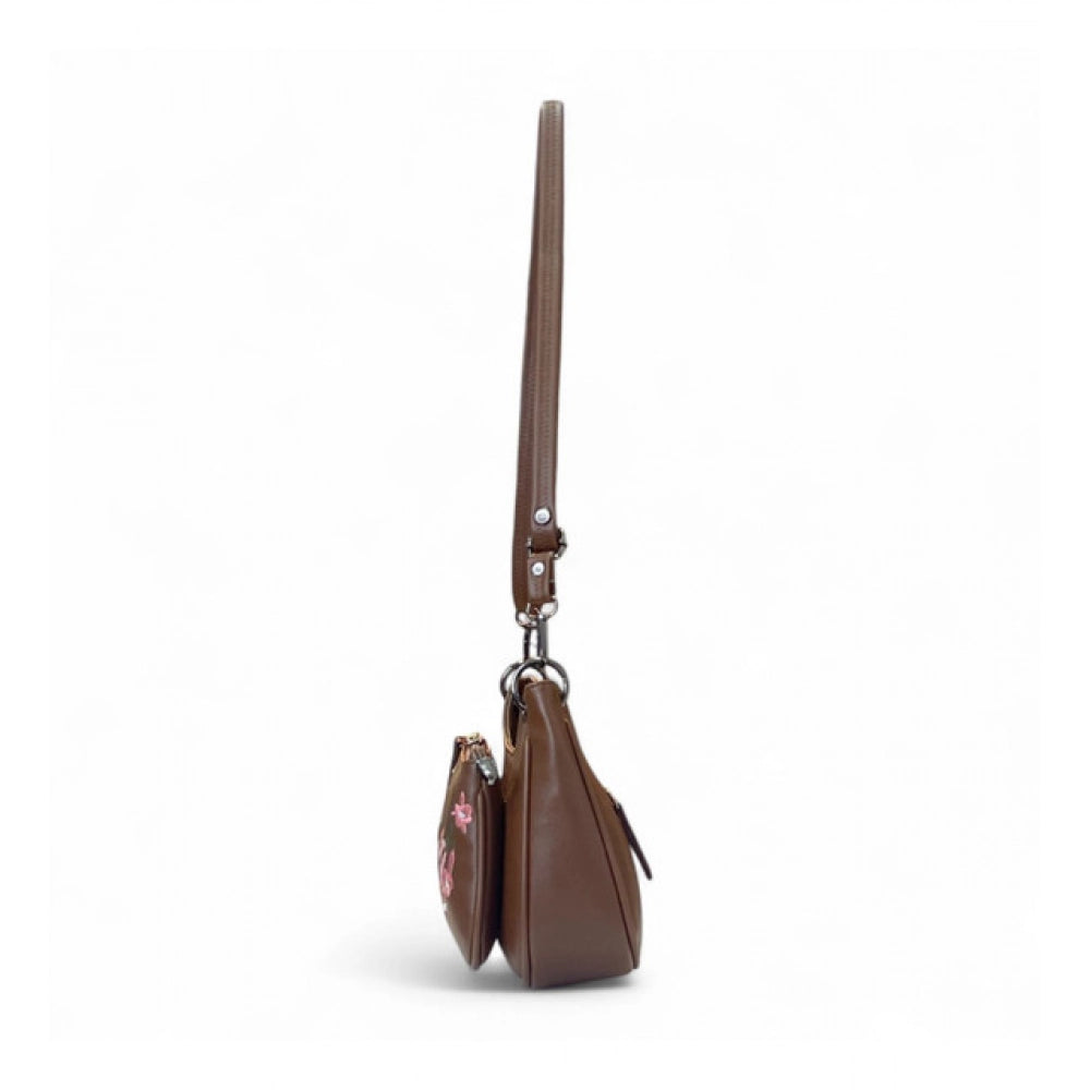 Women's Polyurethane Floral Embroidered Crossbody Sling Bag with Adjustable & Removable Strap (Brown)