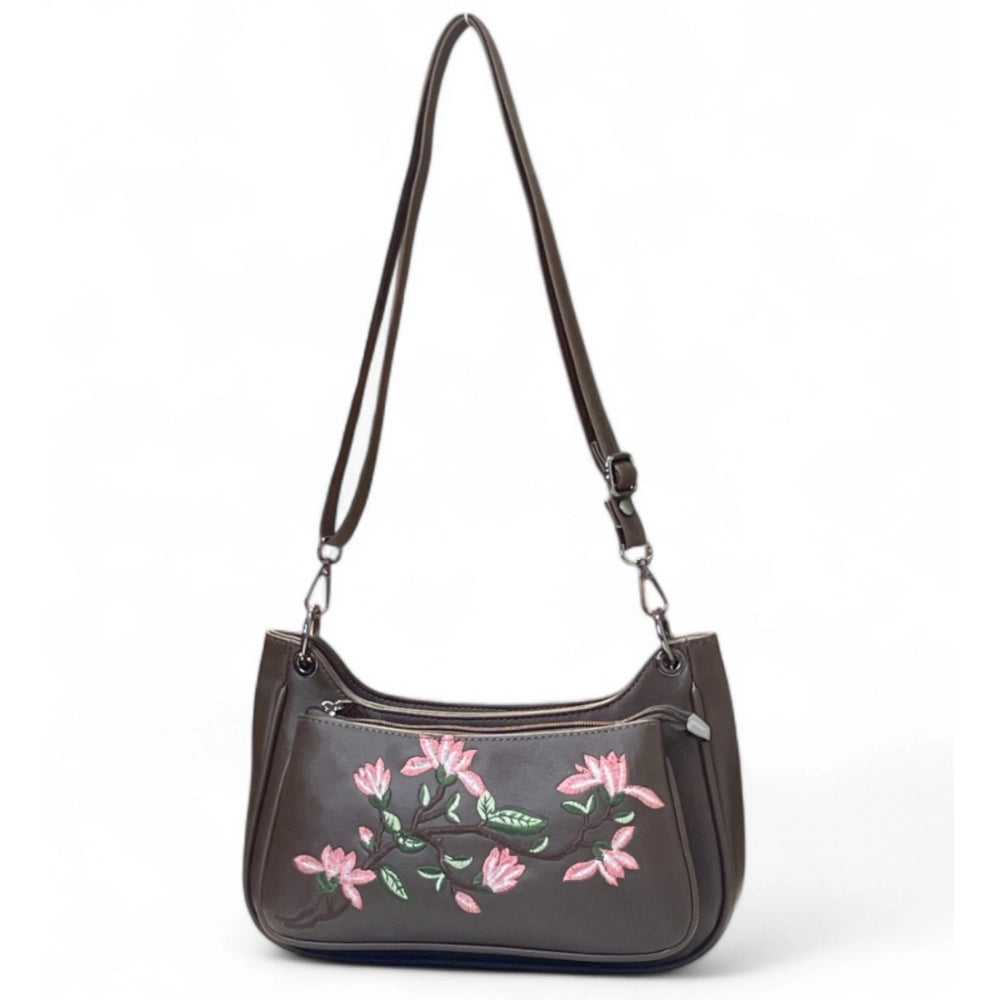 Women's Polyurethane Floral Embroidered Crossbody Sling Bag with Adjustable & Removable Strap (Dark Brown)