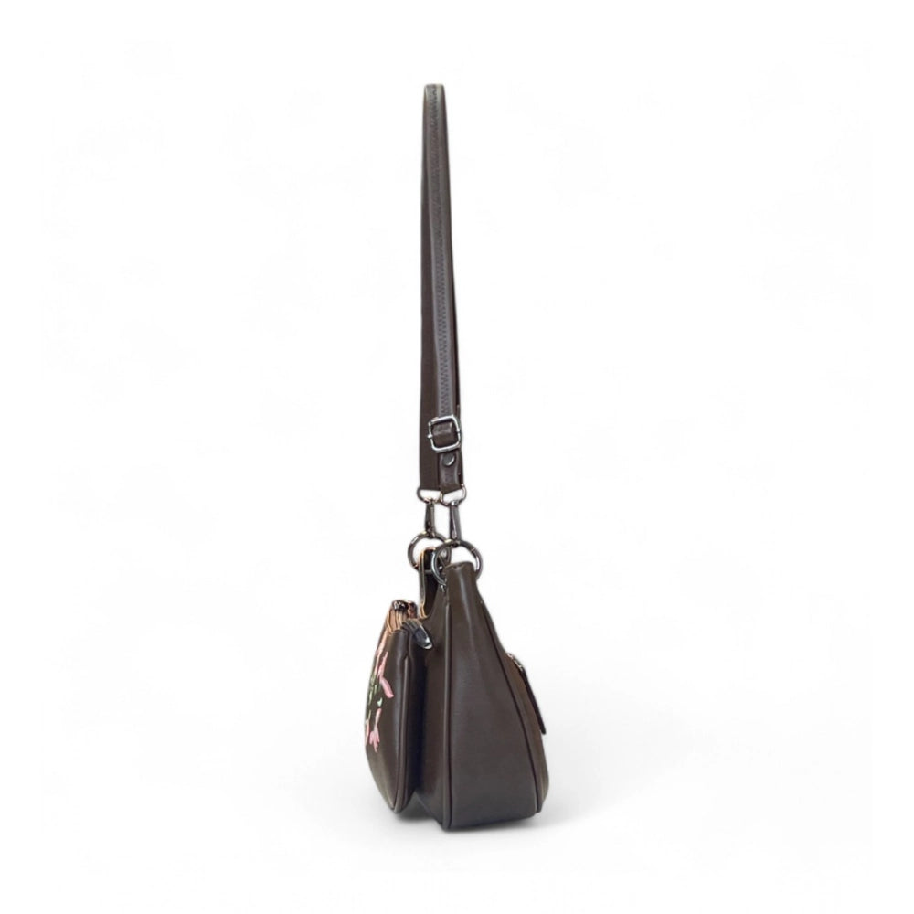 Women's Polyurethane Floral Embroidered Crossbody Sling Bag with Adjustable & Removable Strap (Dark Brown)