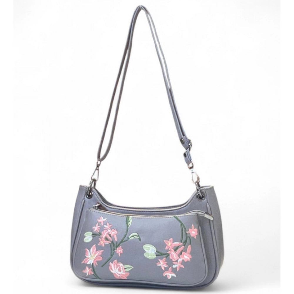 Women's Polyurethane Floral Embroidered Crossbody Sling Bag with Adjustable & Removable Strap (Grey)