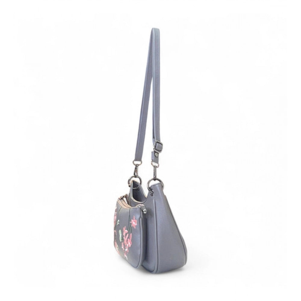 Women's Polyurethane Floral Embroidered Crossbody Sling Bag with Adjustable & Removable Strap (Grey)