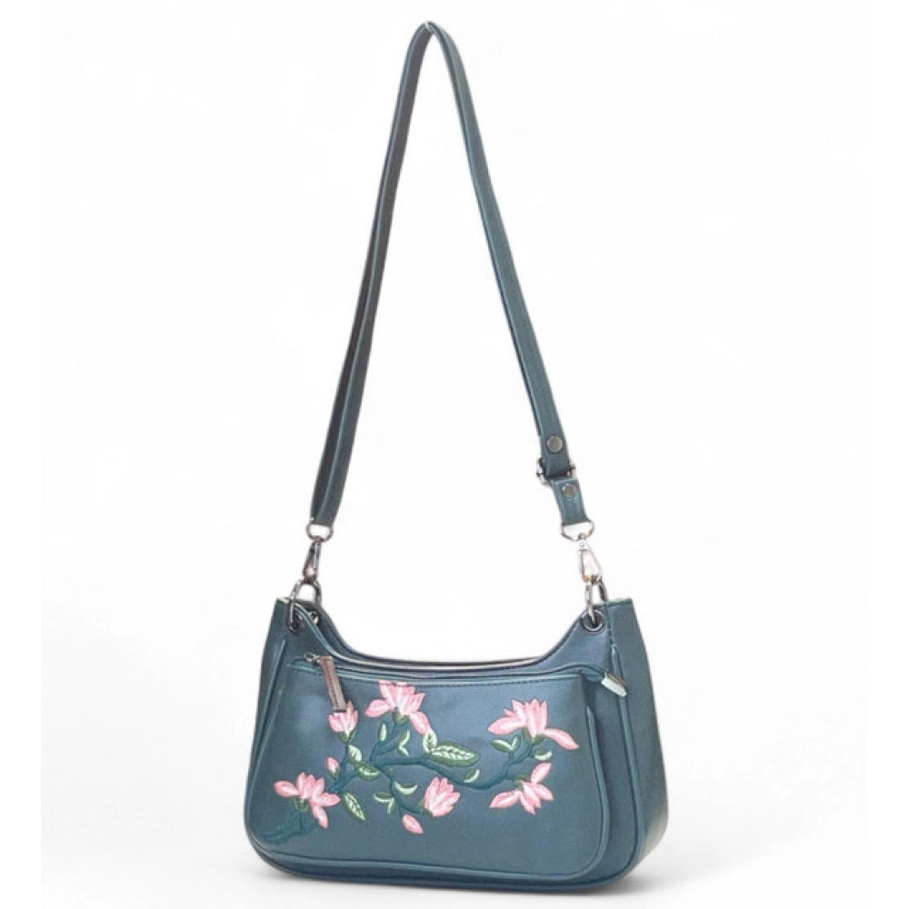 Women's Polyurethane Floral Embroidered Crossbody Sling Bag with Adjustable & Removable Strap (Light Blue)