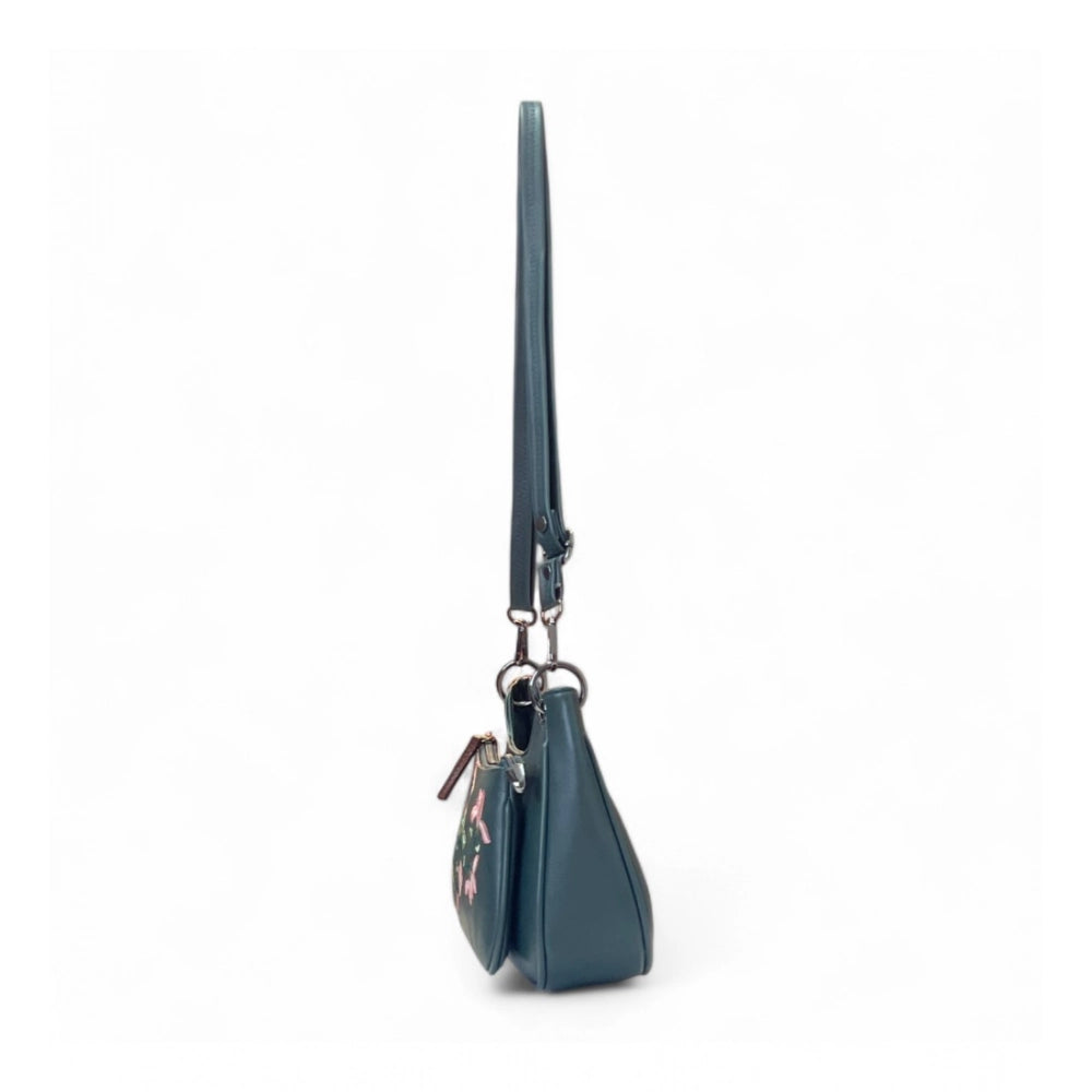 Women's Polyurethane Floral Embroidered Crossbody Sling Bag with Adjustable & Removable Strap (Light Blue)