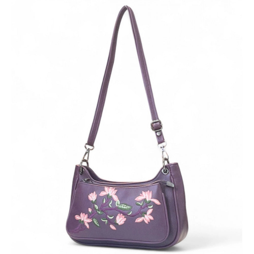 Women’s Purple Floral Embroidered Crossbody Sling Bag with Adjustable & Removable Strap