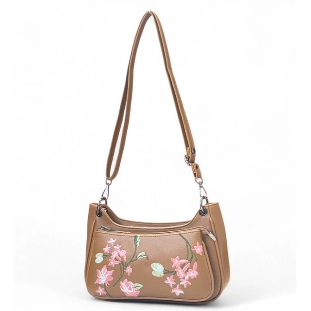 Women’s Tan Floral Embroidered Crossbody Sling Bag with Adjustable & Removable Strap