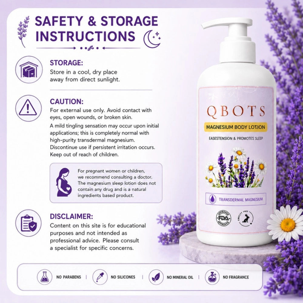 QBOTS Magnesium Body Lotion for Nightly Sleep Muscle Recovery with Lavender & Chamomile | Transdermal Magnesium | Shea Butter & Niacinamide | For Nightly Relaxation & Skin Hydration | 250 ml