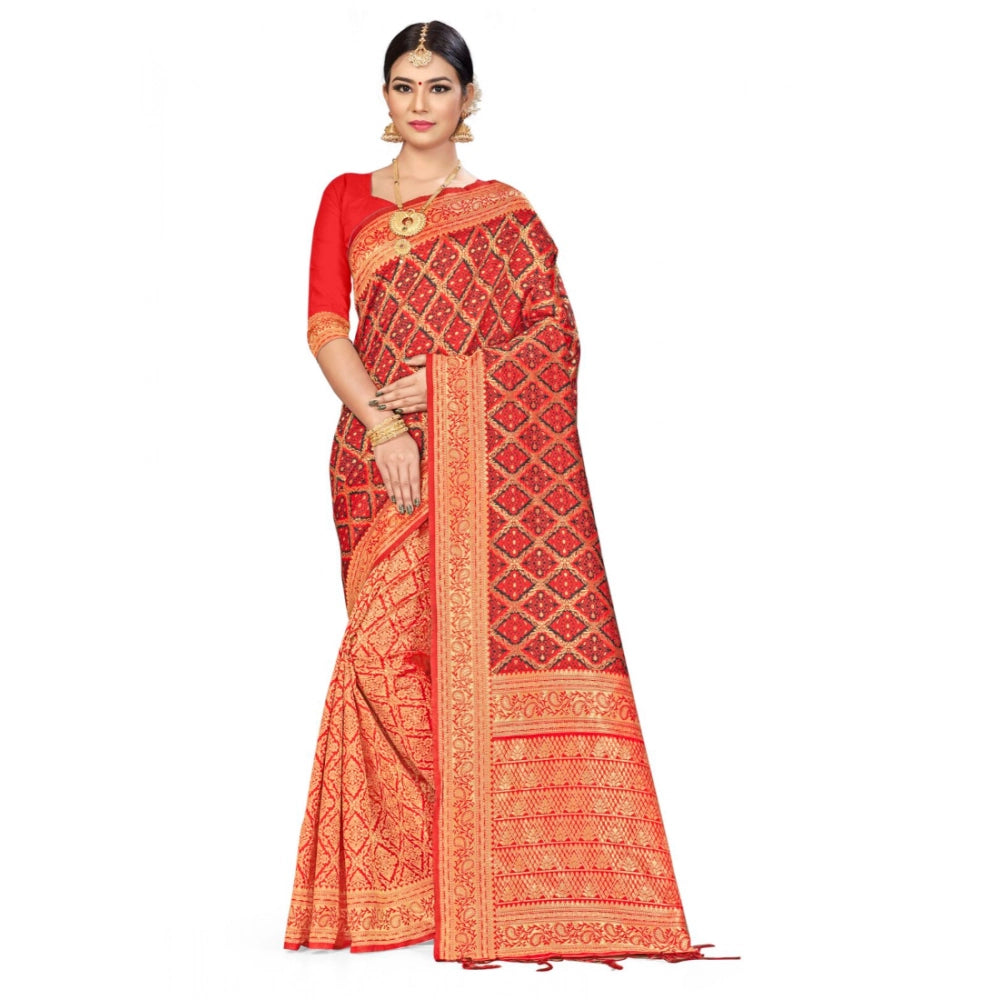 Women'S Banarasi Silk Saree With Blouse (Red,Black, 5-6Mtr)