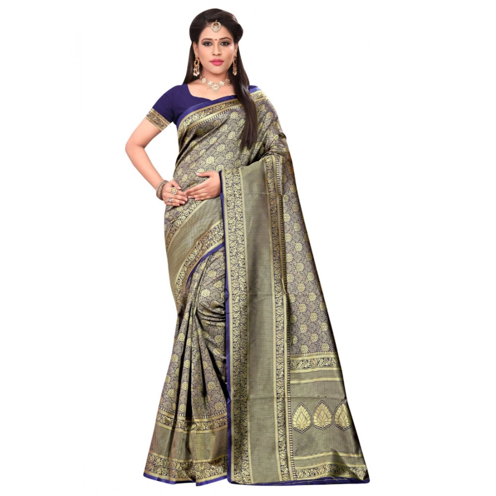 Women'S Banarasi Silk Saree With Blouse (Navy Blue, 5-6Mtr)