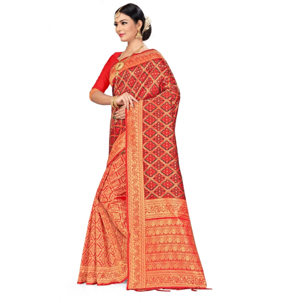 Women'S Banarasi Silk Saree With Blouse (Red,Black, 5-6Mtr)
