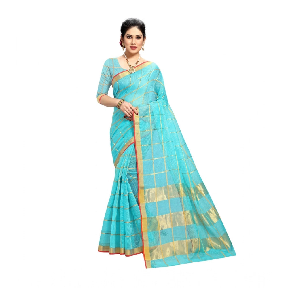 Women'S Kota Doria Cotton Saree With Blouse (Sky Blue,6-3 Mtrs