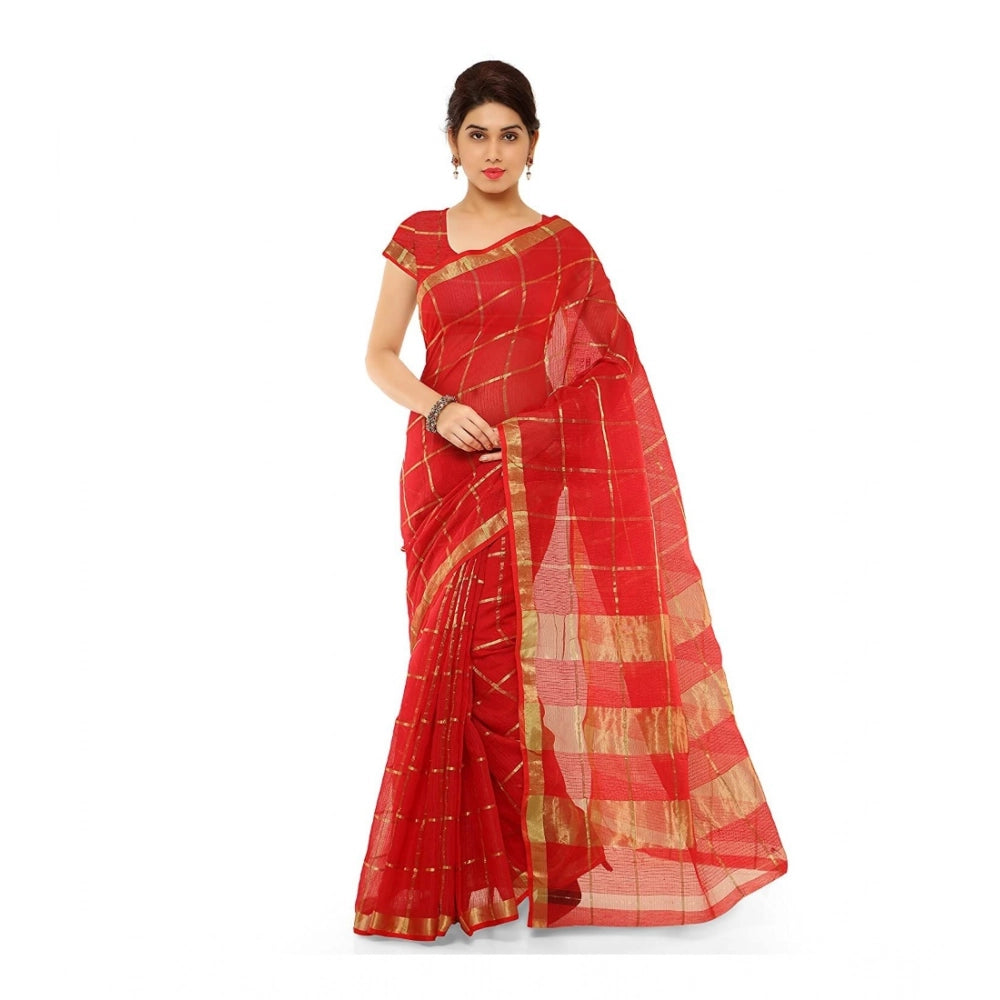 Women'S Kota Doria Cotton Saree With Blouse (Red,6-3 Mtrs)
