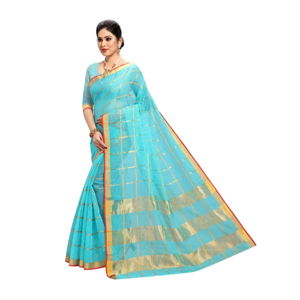 Women'S Kota Doria Cotton Saree With Blouse (Sky Blue,6-3 Mtrs