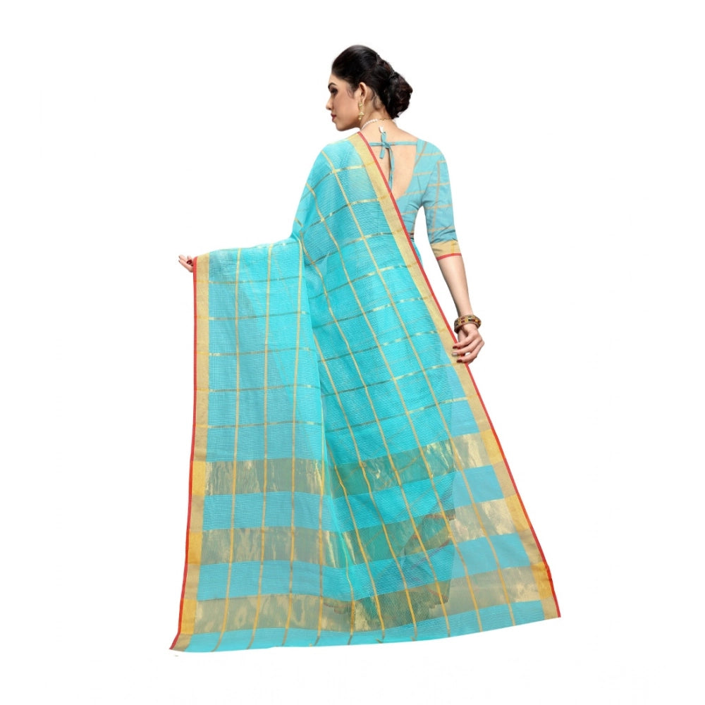 Women'S Kota Doria Cotton Saree With Blouse (Sky Blue,6-3 Mtrs