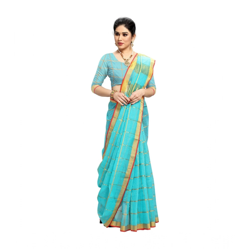 Women'S Kota Doria Cotton Saree With Blouse (Sky Blue,6-3 Mtrs