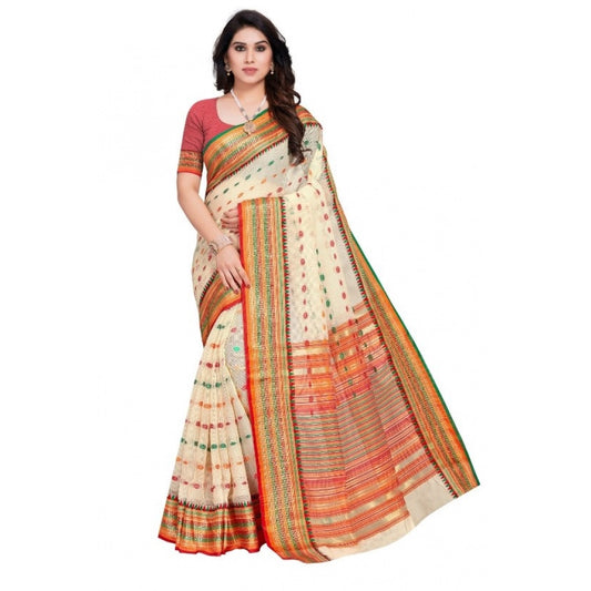 Women's Kota Doria Cotton Woven Butta Saree With Blouse (Cream, 5-6 Mtrs) - VANSHELLE