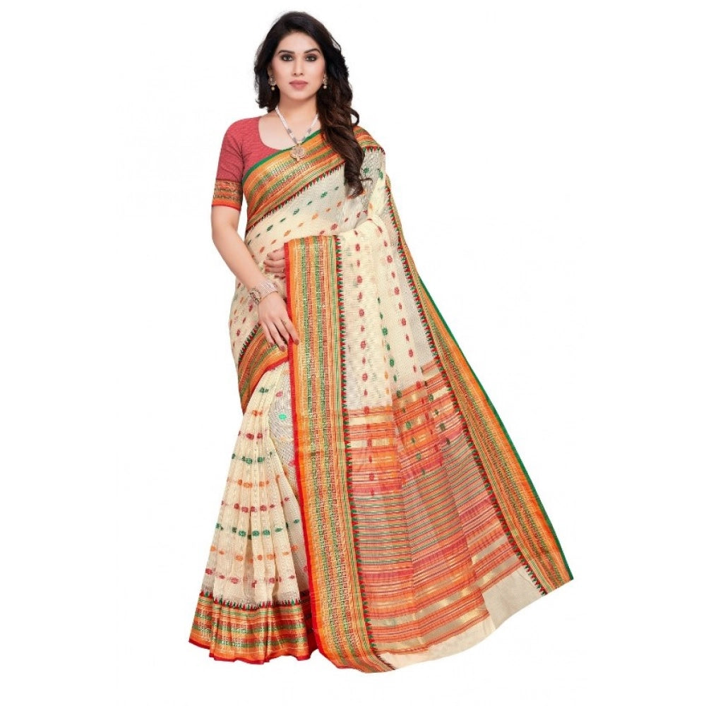 Women'S Kota Doria Cotton Woven Butta Saree With Blouse (Cream