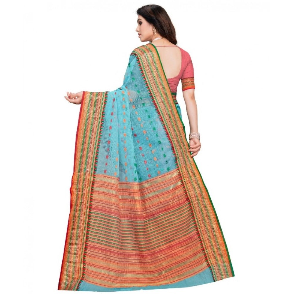 Women'S Kota Doria Cotton Woven Butta Saree With Blouse (Sky B