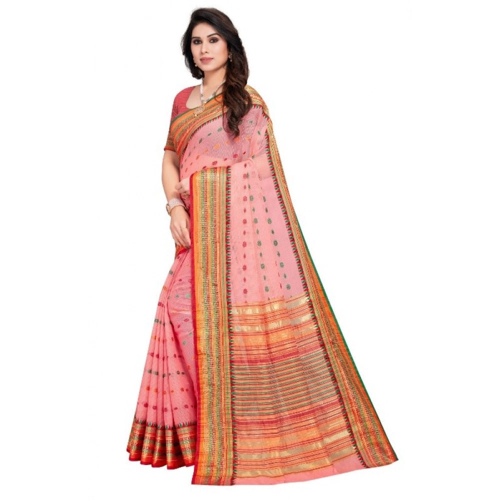 Women'S Kota Doria Cotton Woven Butta Saree With Blouse (Pink,