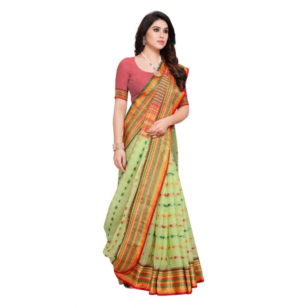 Women'S Kota Doria Cotton Woven Butta Saree With Blouse (Light