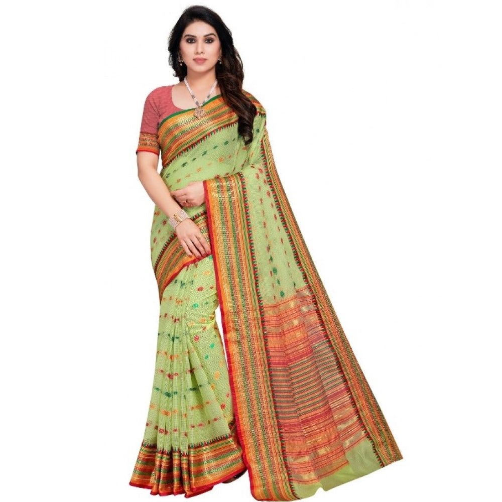 Women'S Kota Doria Cotton Woven Butta Saree With Blouse (Light