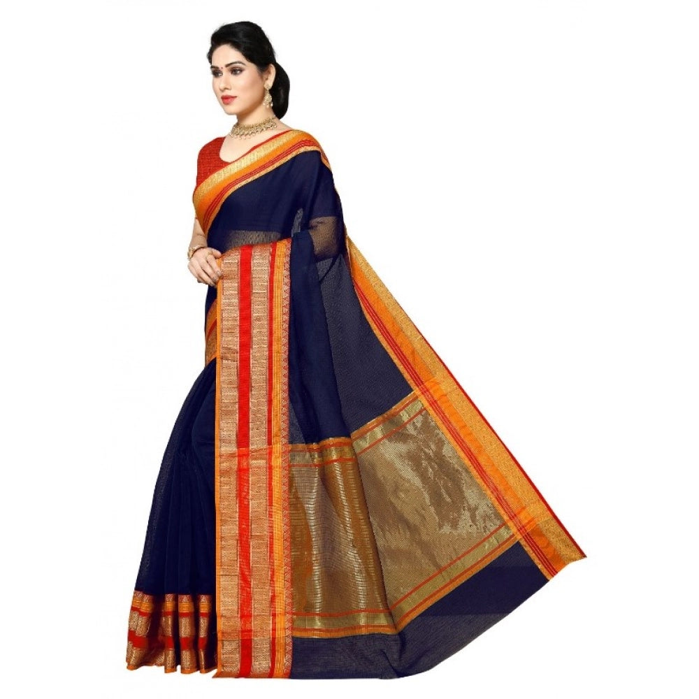 Women'S Kota Doria Cotton Border Saree With Blouse (Navy Blue,