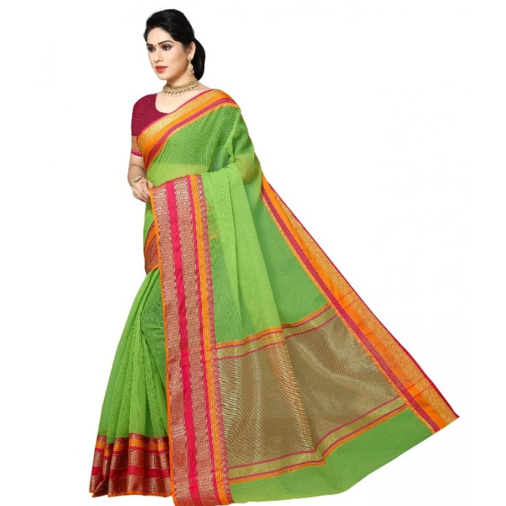 Women'S Kota Doria Cotton Border Saree With Blouse (Light Gree