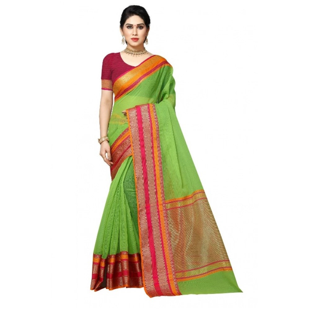 Women'S Kota Doria Cotton Border Saree With Blouse (Light Gree