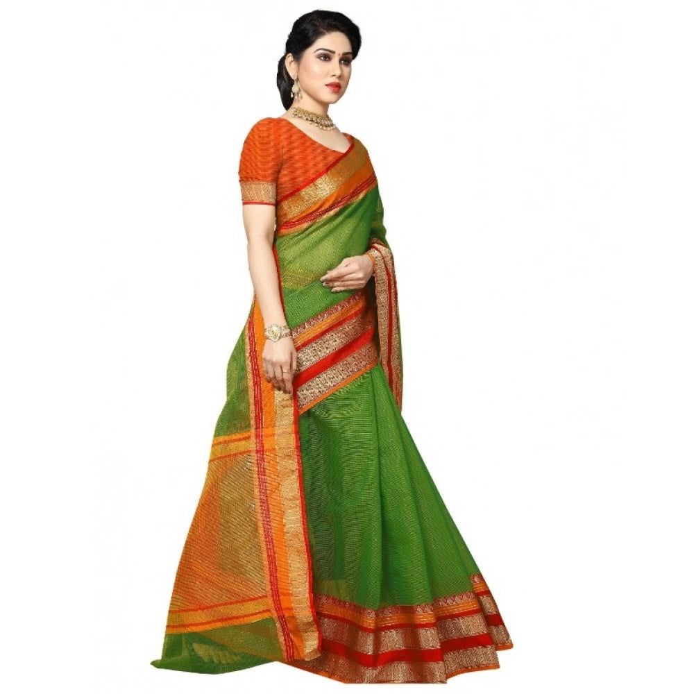 Women'S Kota Doria Cotton Border Saree With Blouse (Green, 5-6