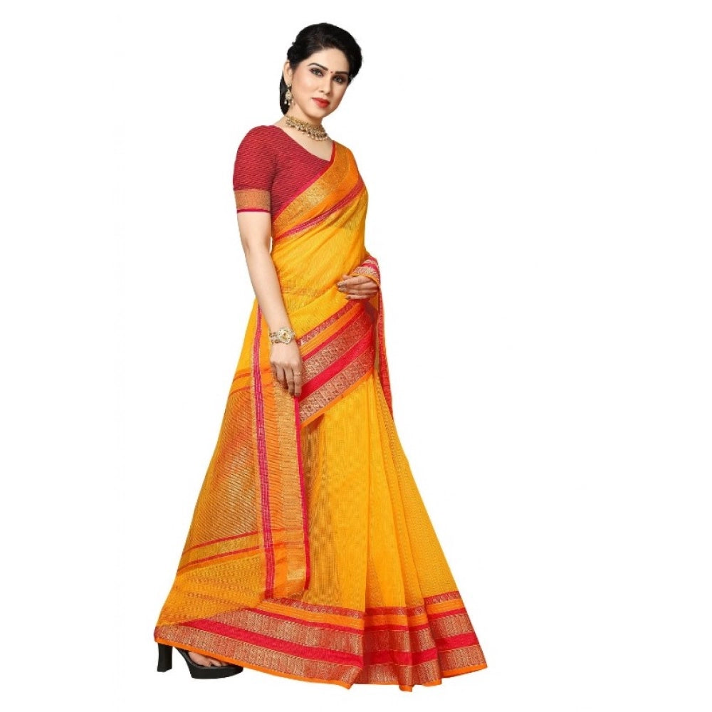 Women'S Kota Doria Cotton Border Saree With Blouse (Gold, 5-6