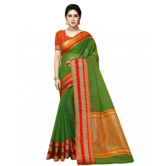 Women's Kota Doria Cotton Border Saree With Blouse (Green, 5-6 Mtrs) - VANSHELLE