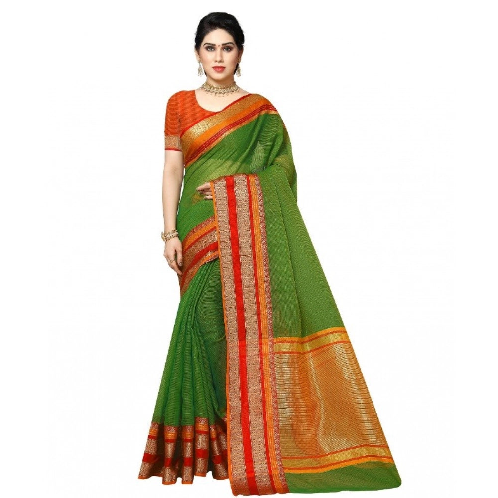 Women'S Kota Doria Cotton Border Saree With Blouse (Green, 5-6