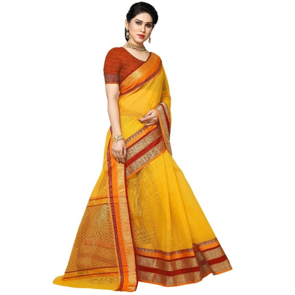 Women'S Kota Doria Cotton Border Saree With Blouse (Yellow, 5