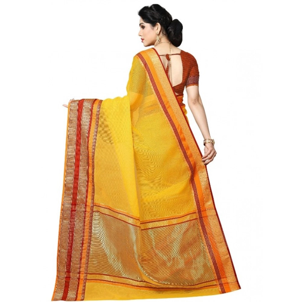 Women'S Kota Doria Cotton Border Saree With Blouse (Yellow, 5