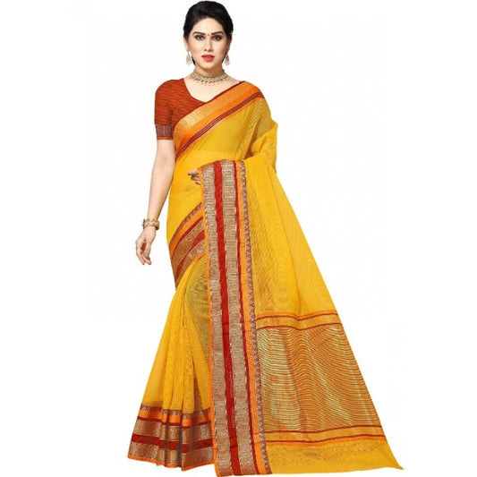 Women's Kota Doria Cotton Border Saree With Blouse (Yellow, 5-6 Mtrs) by Vanshelle