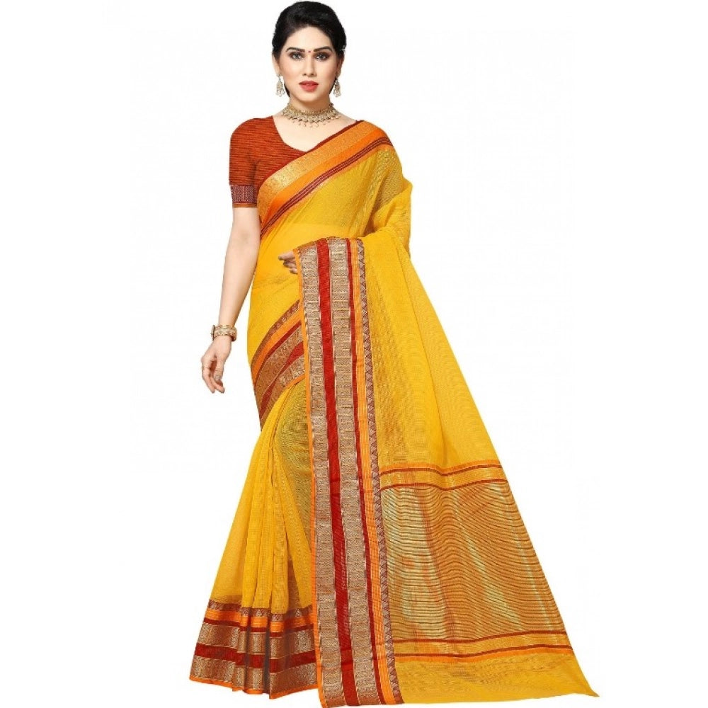 Women'S Kota Doria Cotton Border Saree With Blouse (Yellow, 5