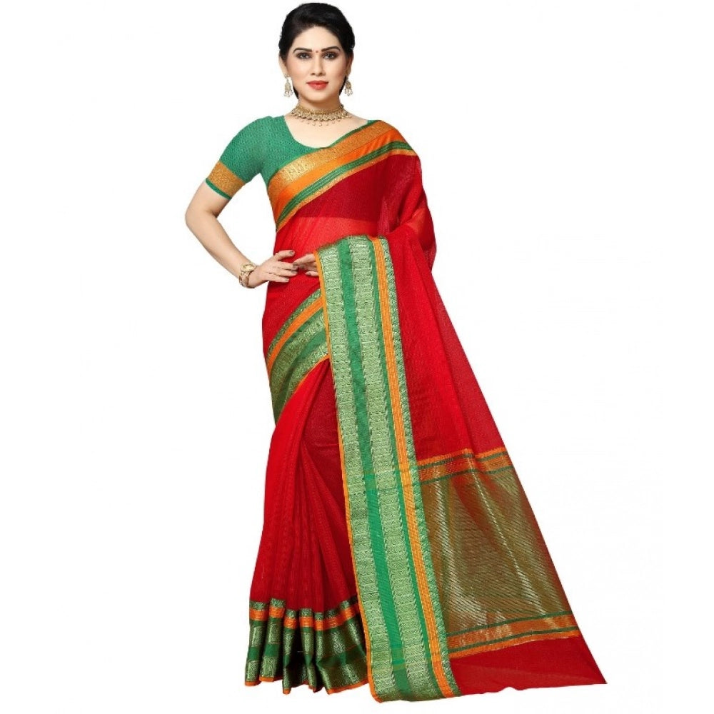 Women'S Kota Doria Cotton Border Saree With Blouse (Red, 5-6 M